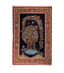 HANDMADE RUG IN SUPER FINE WOOL & NAVY BLUE BASE COLOR QOM