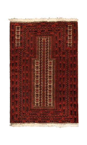 Handmade Bluch Rug in Wool Red & Cream color RAZAVI KHORASAN | 142×96 cm | GHAABY(Panel design)  
