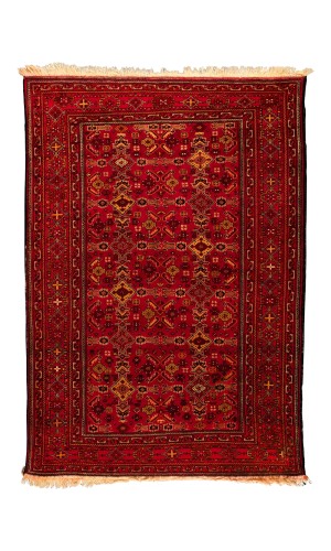 Red Bokhara Rug Razavi Khorasan | 192×132 cm | Geometric Pattern