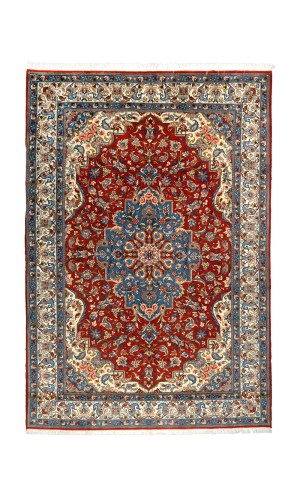 Persian Wool Rug Blue and Red Bakhtiari | 295×203 cm | Plametto Flower (Medallion) 