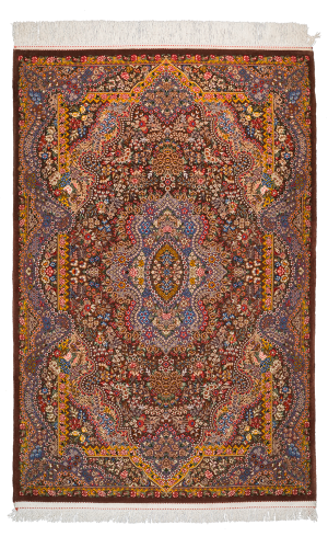 Handwoven Finewool Brown Persian Rug Qom | small rug | Floral Pattern