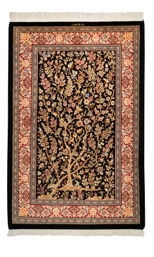 Handmade Finewool Black Persian Rug Qom | 157×103 cm | Tree design 