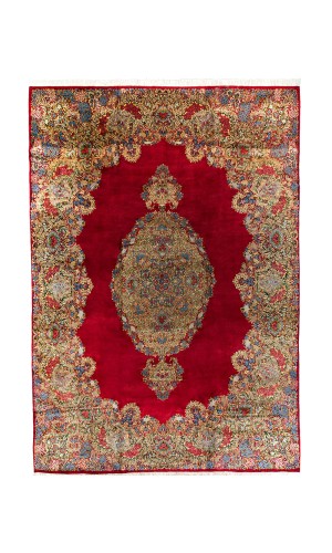 Handmade Wool Red Kerman Persian Rug | 425×292 cm | Medallion Pattern (Lachak Toranj Design)