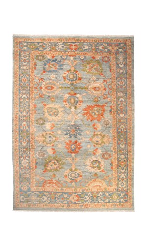 Handmade Wool Sultanabad Orange and Blue Area Persian Rug | 301×203 cm | Overall Flower Design 