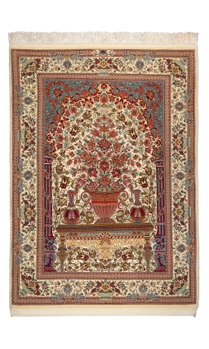 Handmade Rug In Silk & Cream Color Qom | 153×101 cm | PARSIRUG.COM