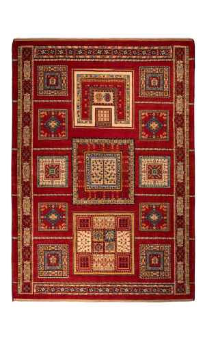 Handmade Wool Red Persian Rug Natural Dyed Isfahan | 214×151 cm | Panel Design Pattern