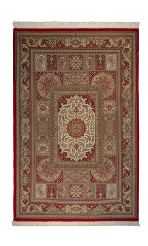 Handmade Finewool Red Persian Rug Qom | Mix Pattern