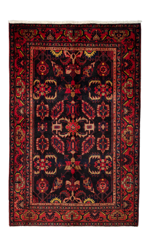 Handmade Rug In Wool in Black base color Hamadan | 216×139 cm | SHAAH HENDESY(Geometrical)