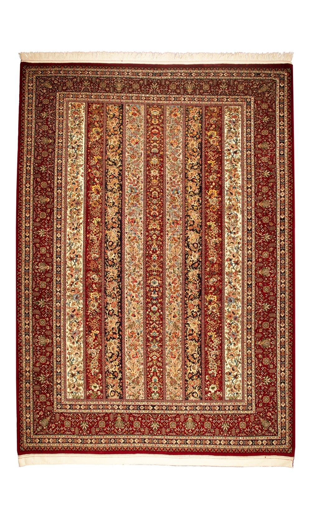 Handmade Rug In Super Fine Wool & Red Base Color Qom | 310×222 cm | MOHARRAMAAT(Striped line design) Pattern