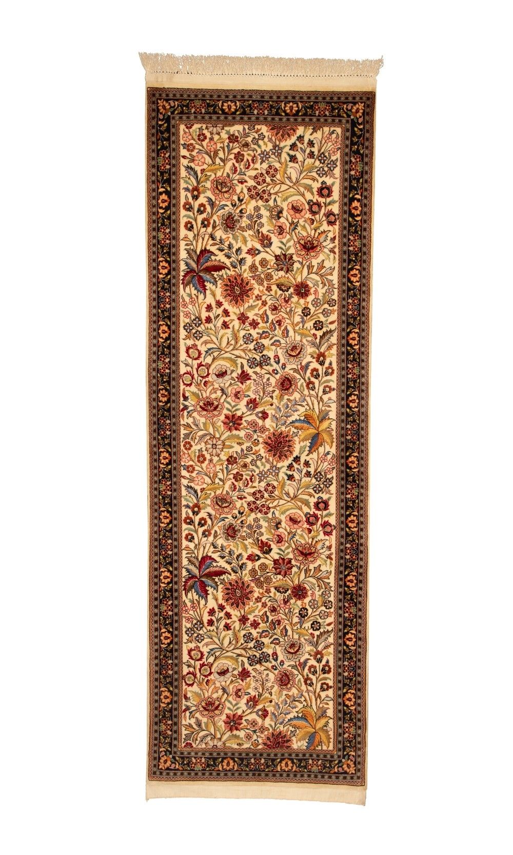 Handmade Super Fine Wool Rug in Cream Base Color Qom | 215×69 cm | SHAAH ABBAASY (Palmette flower) Pattern