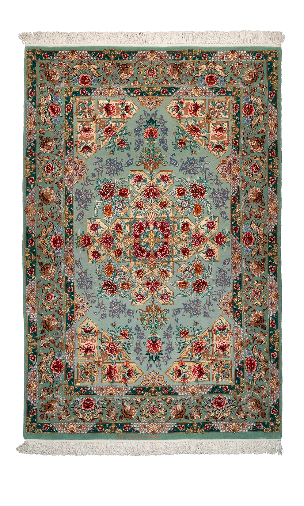 Persian Rug In Super Fine Wool & Green Color Isfahan | 164×107 cm