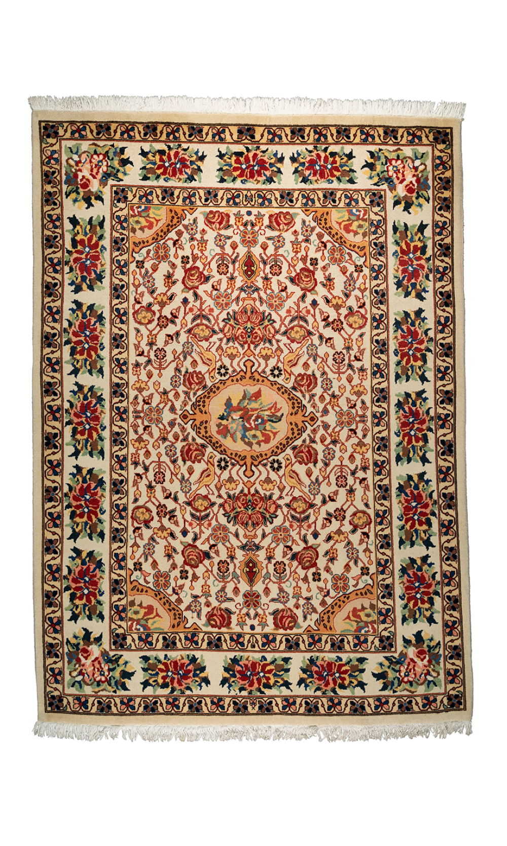 Persian Wool Rug Cream colour Bakhtiari | 211×150 cm | Palmetto flower (Medallion)  