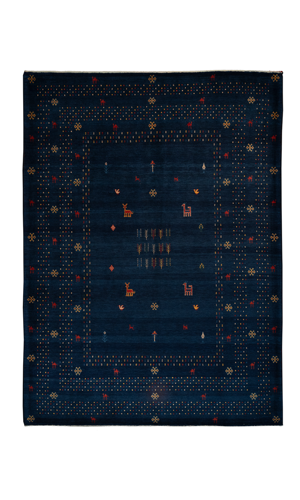 Handmade Gabbeh Rug In Wool & Navy Blue Color Shiraz | 291×207 cm | AFSHAAN(Curved design)