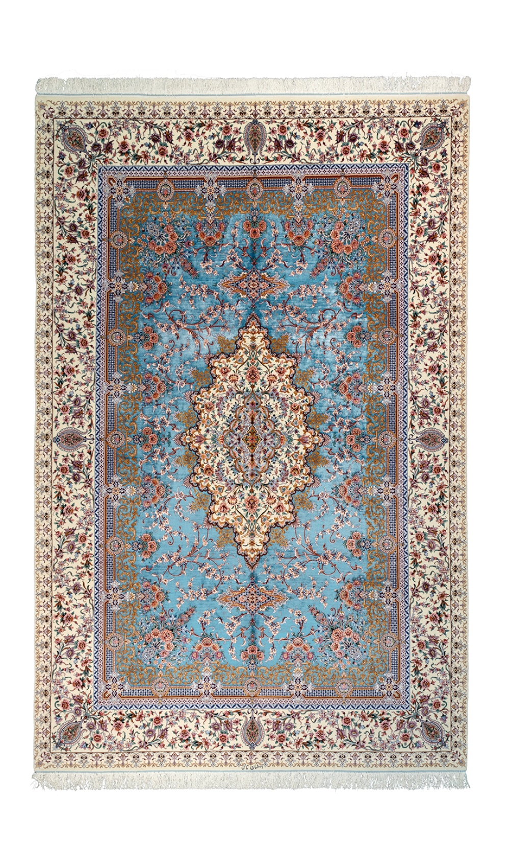 Handmade Rug In Super Fine Wool In Blue Base Color Isfahan | 310×204 cm 