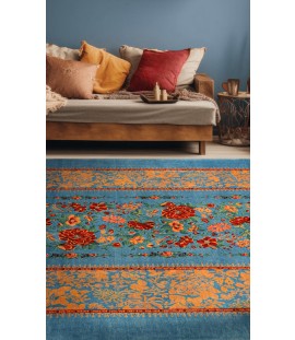Handwoven Wool Blue Persian Qashqai Rug | 256×195cm | Floral Striped line design 