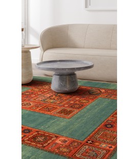 Handmade Persian Wool Green Rug Fars | 209×148 cm | Geometrical Pattern (HENDESY)