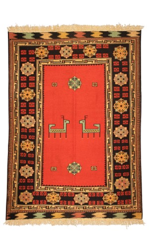 Handmade Wool Red Kilim Rug Khorasan | Animal Pattern Print