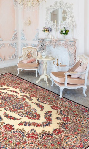 Handmade Wool Cream Persian Rug Kerman | 305×196 cm | Floral Pattern