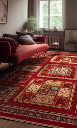 Handmade Wool Red Persian Rug Natural Dyed Isfahan | 214×151 cm | Panel Design Pattern