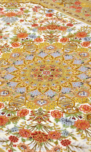 Handmade FineWool Yellow Persian Rug Qom |Palmette flower 5/32   