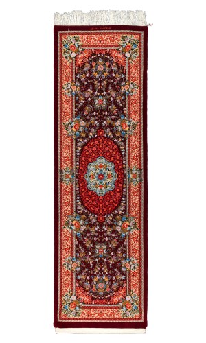 Handmade FineWool Red Persian Runner Rug Qom | 295×92 cm | Floral Pattern
