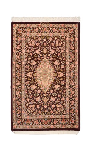 Handmade FineWool Brown Persian Rug Qom | 158×101 cm | Medallion Design Pattern