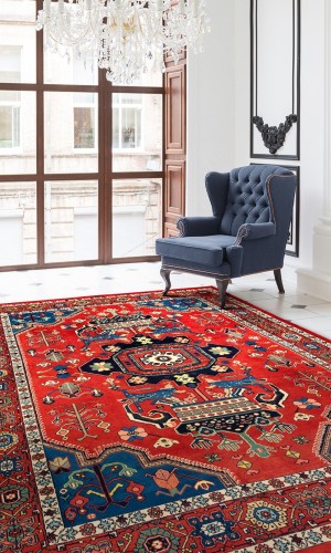 Handmade Wool Red Bakhtiari Persian Rug | 267×208 cm | Medallion Design Pattern