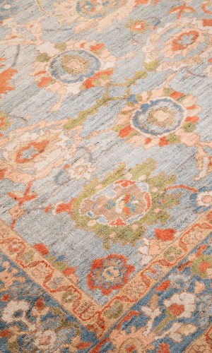 Handmade Wool Sultanabad Orange and Blue Area Persian Rug | 301×203 cm | Overall Flower Design 