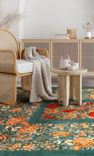 Handmade Wool Green Persian Rug Isfahan | 250×191 cm | Floral Pattern