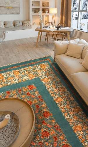 Handmade Wool Green Persian Rug Isfahan | 317×217 cm | Floral Design Pattern