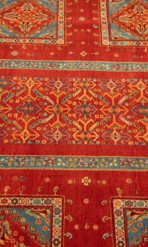 Handmade Wool Rug in Red Color Isfahan | 303x216 cm | GHAABY (Panel Design) Pattern