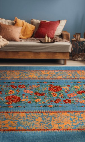 Handwoven Wool Blue Persian Qashqai Rug | 256×195cm | Floral Striped line design  