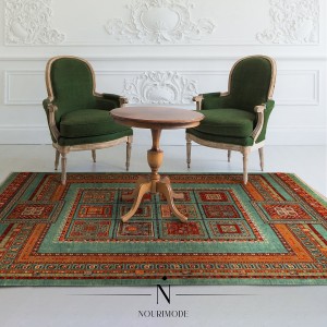 Handmade Wool GHAABY(Panel design) Green Rug | 253×197 cm | Foruzan Carpet - Isfahan 