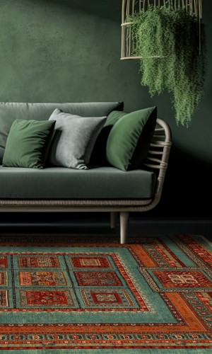 Handmade Wool GHAABY(Panel design) Green Rug | 253×197 cm | Foruzan Carpet - Isfahan 