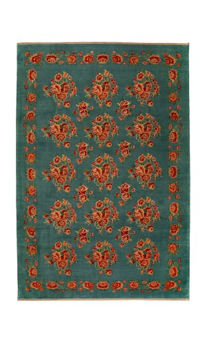 Wool Floral Design Green Rug | 311×217 cm | Foruzan Carpet - Isfahan 