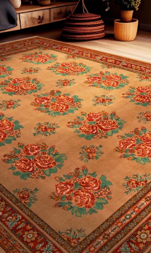 Wool Whiskey Color Persian Area Rug | 251×195 cm | Floral Pattern 