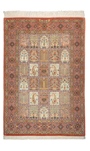 Handmade Pink Silk Persian Rug Qom | Panel design