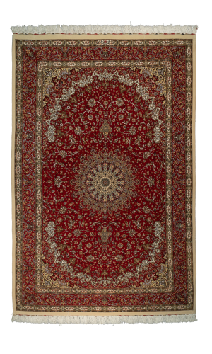 Handmade FinWool Red Persian Rug Qom | 325×208 cm | Medallion Pattern