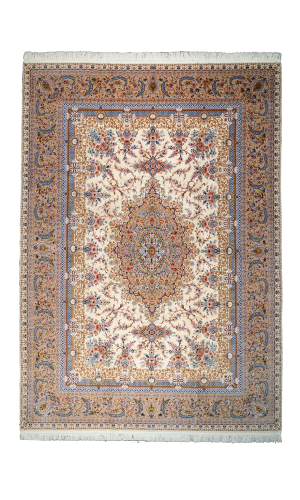 Handmade Fine Wool Cream & Gold Persian Rug Isfahan | 361×257 cm | Mix of Medallion & Floral Pattern