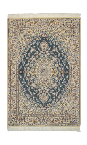  Handmade Rug in Wool & Green color Nain Isfahan | 152×101 cm | SHAAH ABBAASY(Palmette flower)