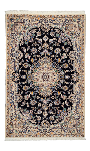 Handmade Rug In Wool & Dark Blue color Naeen Isfahan | 165 ×107 cm | SHAAH ABBAASY(Palmette flower)