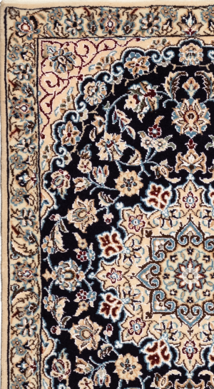 Nain Rug in Wool & Dark Blue color Isfahan | 90 × 60 cm | SHAAH ABBAASY(Palmette flower)Nain 