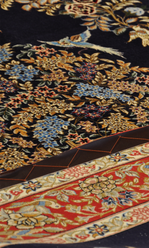 Handmade Rug In Super Fine Wool & Navy Blue Base Color Qom (198×133 cm)