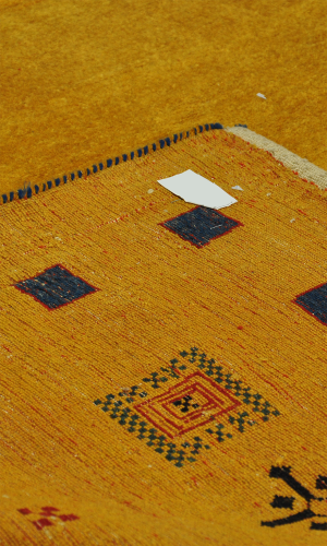 Handmade Gabbeh Rug In Wool & Yellow Color Shiraz | 298×212 cm | AFSHAAN(Curved design)