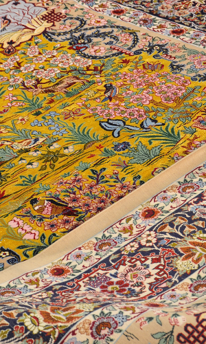 Handmade Rug In Super Fine Wool & yellow Isfahan | 216×150 cm | DERAKHTY(Tree design)